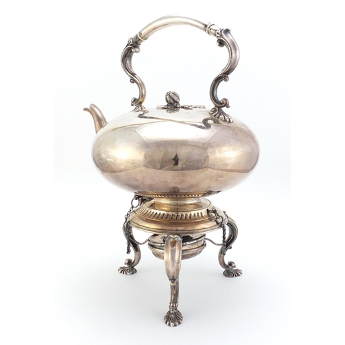 367 - Large silver plated teapot on stand with burner, retailed by Arthur Jack of Cheltenham, 37cm high