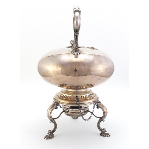 367 - Large silver plated teapot on stand with burner, retailed by Arthur Jack of Cheltenham, 37cm high