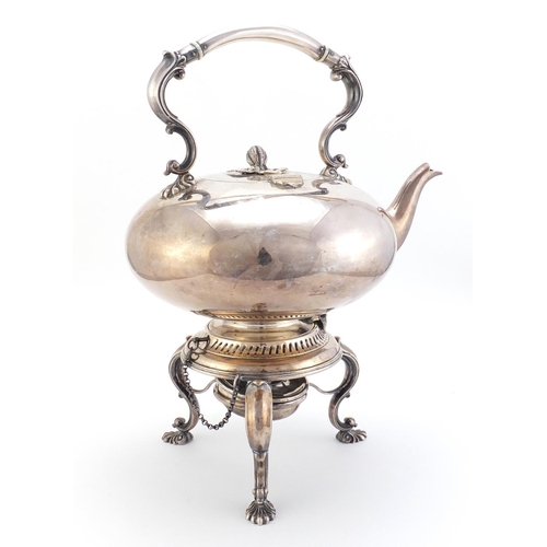 367 - Large silver plated teapot on stand with burner, retailed by Arthur Jack of Cheltenham, 37cm high