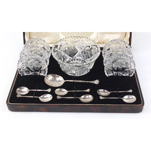 465 - Edwardian cut glass dessert service comprising a bowl and six dishes with silver plated serving spoo... 