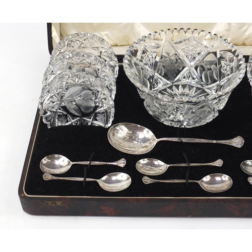 465 - Edwardian cut glass dessert service comprising a bowl and six dishes with silver plated serving spoo... 