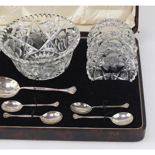 465 - Edwardian cut glass dessert service comprising a bowl and six dishes with silver plated serving spoo... 