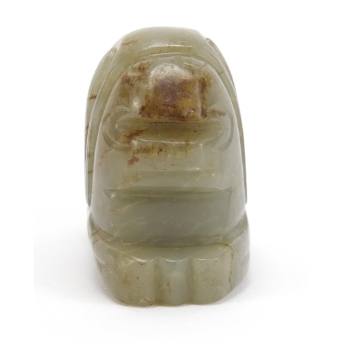 495 - Chinese green and russet jade carving of a lion, 7cm in length