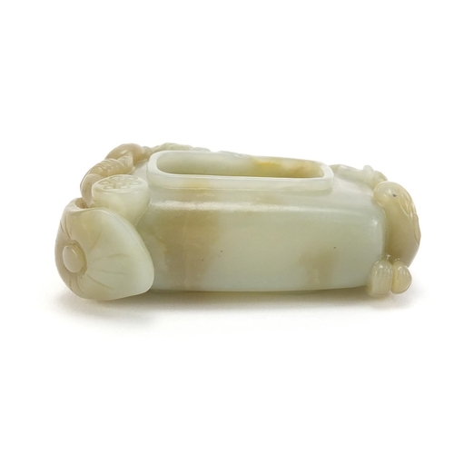 397 - Chinese russet green jade brush washer carved with two children a mythical lion and a butterfly, 7.5... 