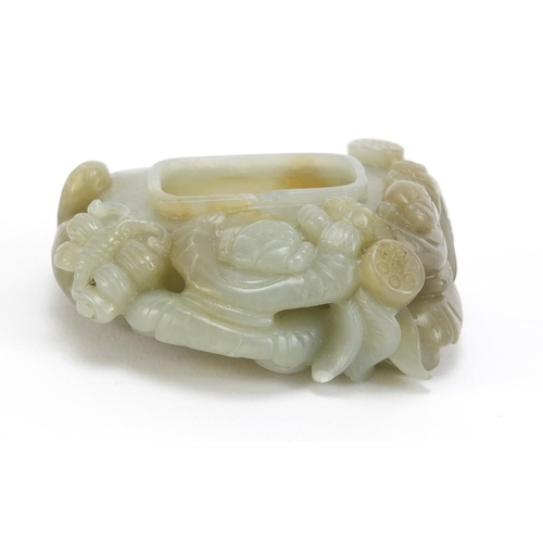 397 - Chinese russet green jade brush washer carved with two children a mythical lion and a butterfly, 7.5... 