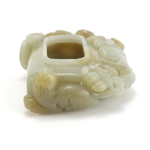 397 - Chinese russet green jade brush washer carved with two children a mythical lion and a butterfly, 7.5... 