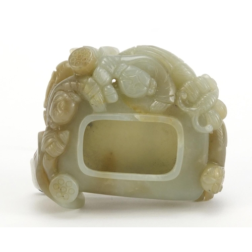 397 - Chinese russet green jade brush washer carved with two children a mythical lion and a butterfly, 7.5... 