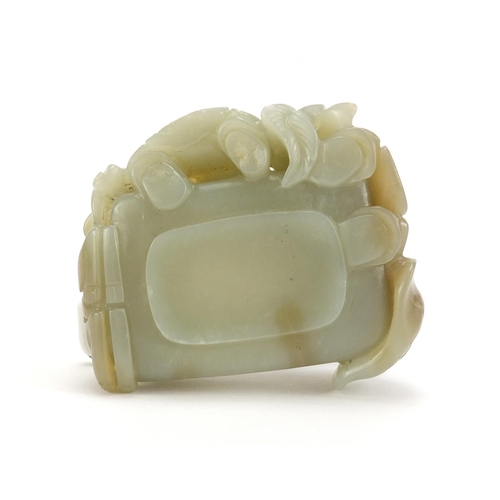 397 - Chinese russet green jade brush washer carved with two children a mythical lion and a butterfly, 7.5... 