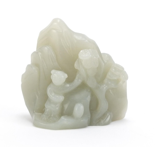 837 - Chinese pale green jade carving of a figure beside a tree before a mountain, 6cm high