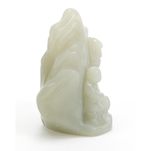 837 - Chinese pale green jade carving of a figure beside a tree before a mountain, 6cm high