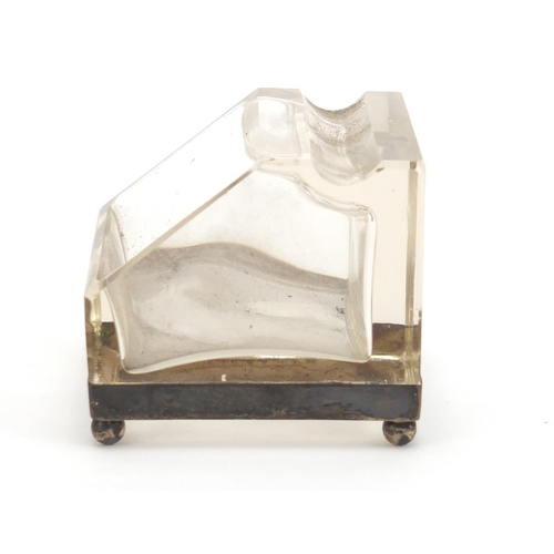 365 - Silver mounted glass inkwell and pen rest, hallmarked London 1913, 5.5cm H x 5cm W x 6cm D