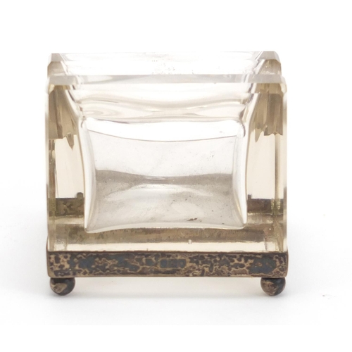 365 - Silver mounted glass inkwell and pen rest, hallmarked London 1913, 5.5cm H x 5cm W x 6cm D