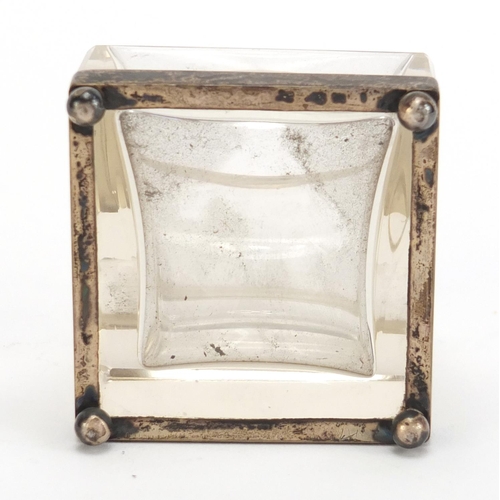 365 - Silver mounted glass inkwell and pen rest, hallmarked London 1913, 5.5cm H x 5cm W x 6cm D