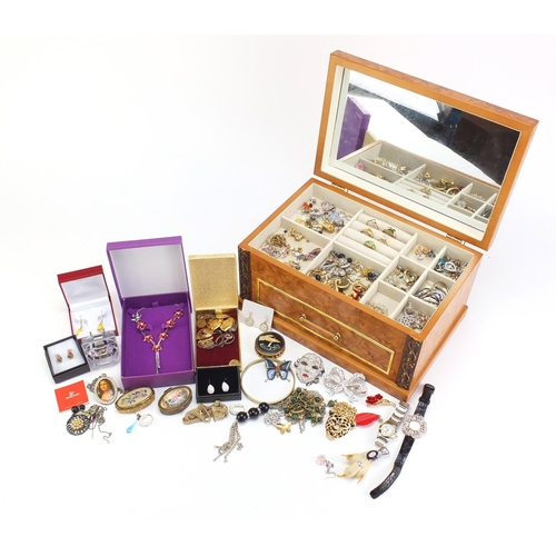 358A - Costume jewellery arranged in a box with mirrored back and base drawer, including a pair of 9ct gold... 