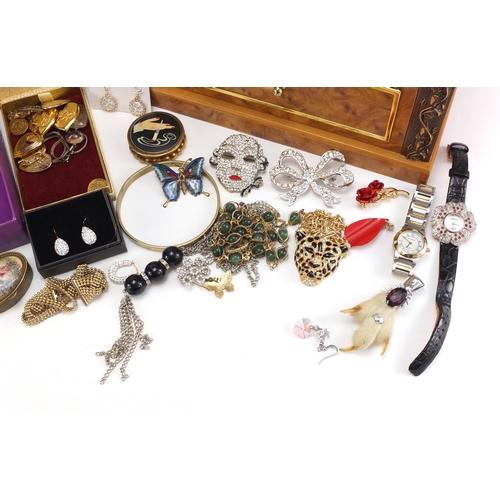 358A - Costume jewellery arranged in a box with mirrored back and base drawer, including a pair of 9ct gold... 