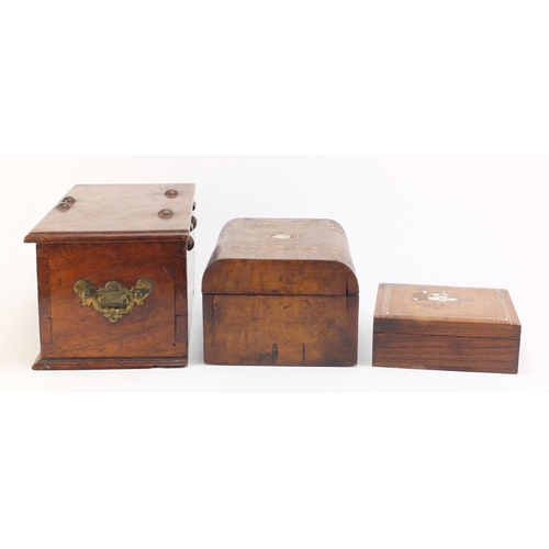 1408 - Three wooden boxes including an inlaid walnut sewing example with contents and and Indian rosewood e... 