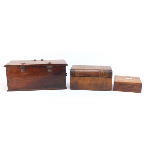 1408 - Three wooden boxes including an inlaid walnut sewing example with contents and and Indian rosewood e... 