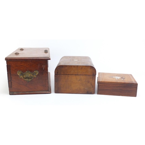 1408 - Three wooden boxes including an inlaid walnut sewing example with contents and and Indian rosewood e... 