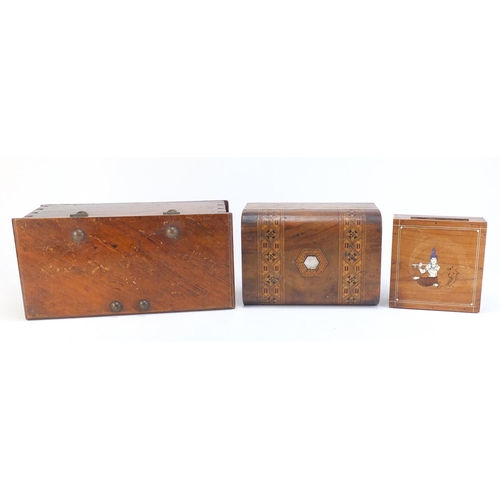 1408 - Three wooden boxes including an inlaid walnut sewing example with contents and and Indian rosewood e... 