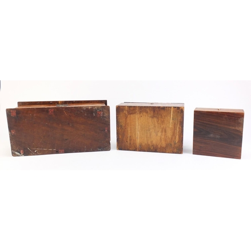 1408 - Three wooden boxes including an inlaid walnut sewing example with contents and and Indian rosewood e... 