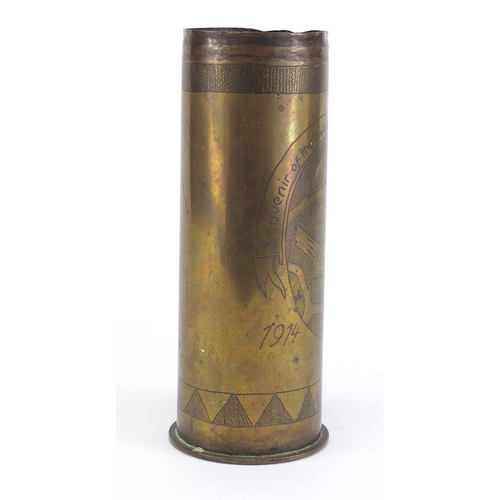 1483 - World War I trench art shell engraved souvenir of the World War in France, 1914 1919, 23cm high