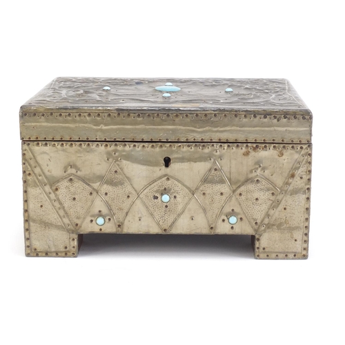 158 - Arts & Crafts jewellery box with lift out tray, applied embossed pewter and Ruskin type cabochons, 1... 