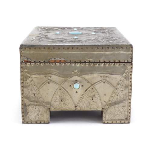 158 - Arts & Crafts jewellery box with lift out tray, applied embossed pewter and Ruskin type cabochons, 1... 