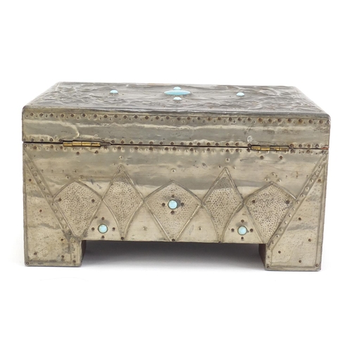 158 - Arts & Crafts jewellery box with lift out tray, applied embossed pewter and Ruskin type cabochons, 1... 