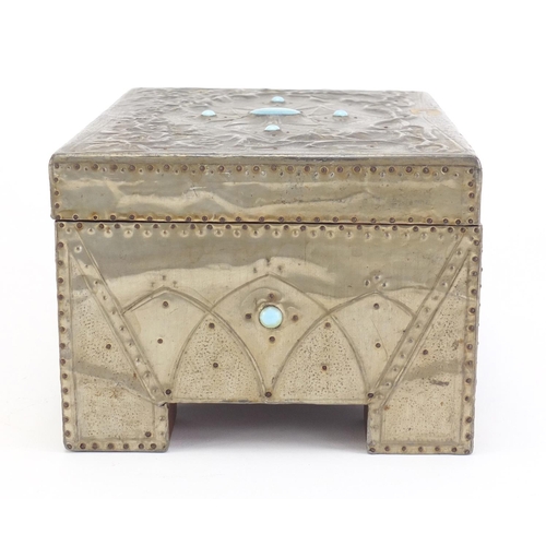 158 - Arts & Crafts jewellery box with lift out tray, applied embossed pewter and Ruskin type cabochons, 1... 