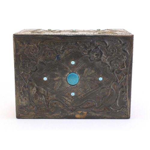 158 - Arts & Crafts jewellery box with lift out tray, applied embossed pewter and Ruskin type cabochons, 1... 