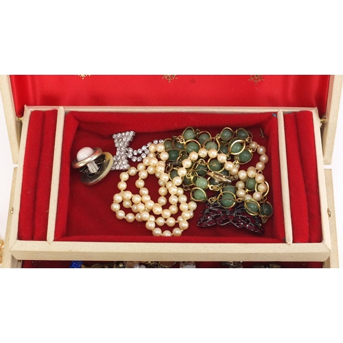 1477 - Vintage and later costume jewellery housed in a jewellery box, including jadeite necklace and earrin... 