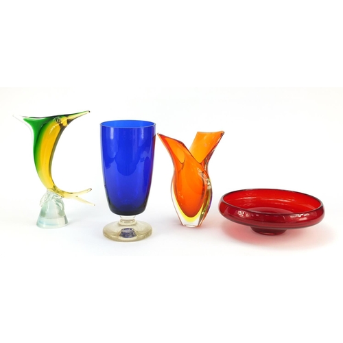 850 - Art glassware including a Murano vase and a Whitefriars bowl, 31cm high