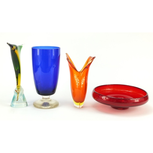 850 - Art glassware including a Murano vase and a Whitefriars bowl, 31cm high