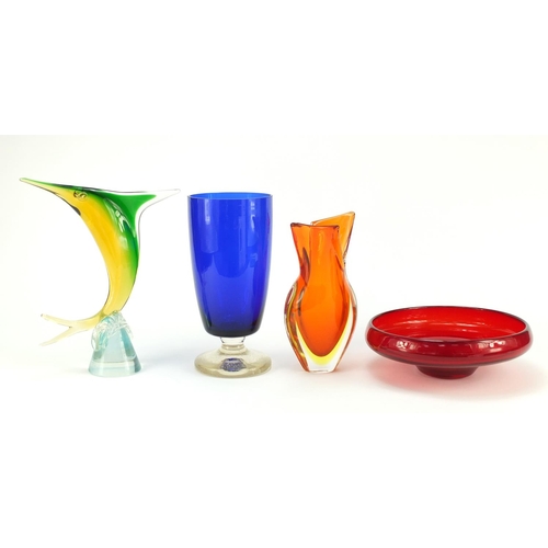 850 - Art glassware including a Murano vase and a Whitefriars bowl, 31cm high