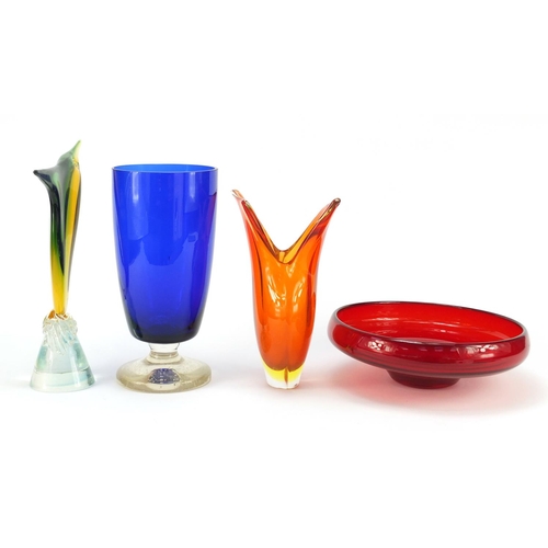 850 - Art glassware including a Murano vase and a Whitefriars bowl, 31cm high