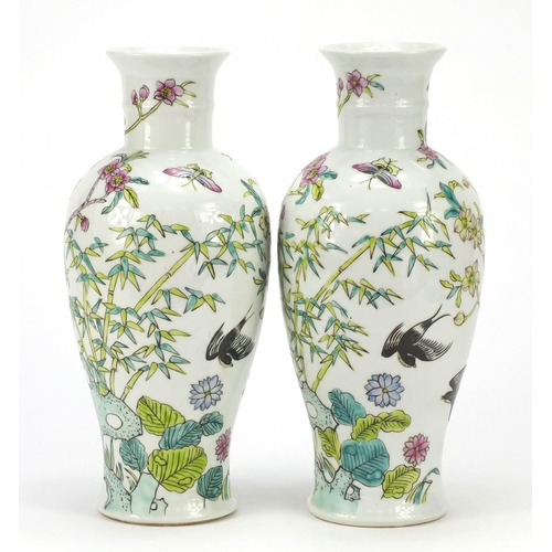 391 - Pair of Chinese porcelain vases hand painted with birds amongst trees, iron red character marks to t... 