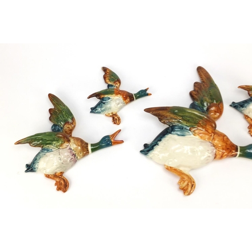 136 - Graduated set of five Beswick mallard wall plaques, the largest 30cm wide