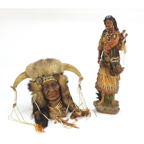 949 - Red Indian chief wall mask and a Mother with Child, the largest 60cm high