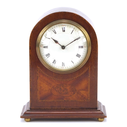 245 - Inaid mahogany dome top mantel clock with enamelled dial and Roman numerals, 20.5cm high