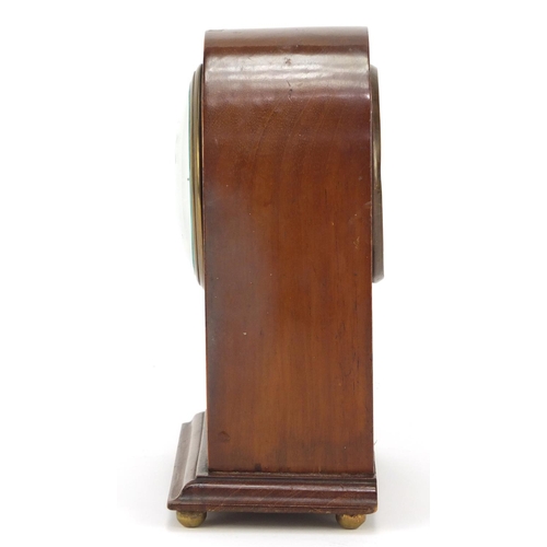 245 - Inaid mahogany dome top mantel clock with enamelled dial and Roman numerals, 20.5cm high