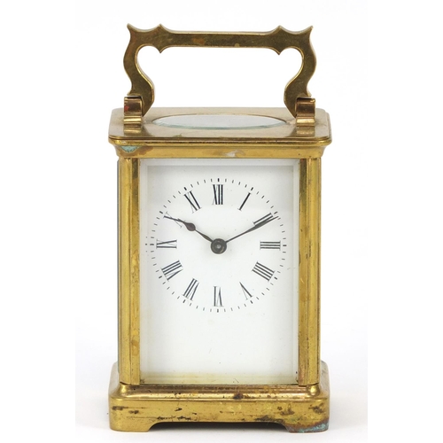 221 - Brass carriage clock with enamel dial and Roman numerals, 10.5cm high