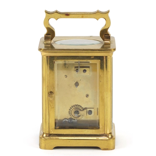 221 - Brass carriage clock with enamel dial and Roman numerals, 10.5cm high