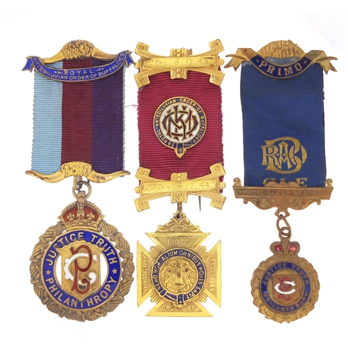 1216 - Three masonic jewels including a silver and enamel example presented to B Sargent