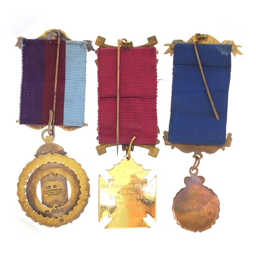 1216 - Three masonic jewels including a silver and enamel example presented to B Sargent