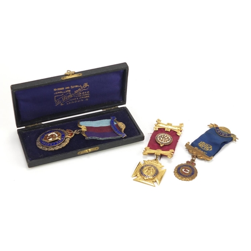 1216 - Three masonic jewels including a silver and enamel example presented to B Sargent