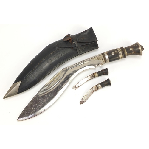 1221 - Kukri knife with leather sheath, 43cm in length