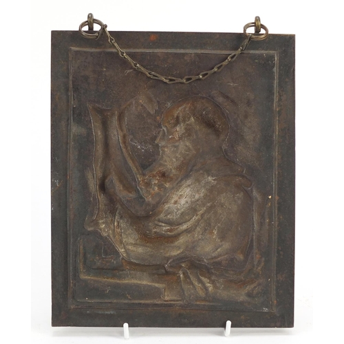 1164 - Cast iron plaque of a saint, 24cm x 20cm