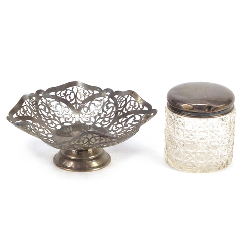 464 - Pierced silver bon bon dish and a cut glass jar with silver lid, the largest 14.5cm in diameter