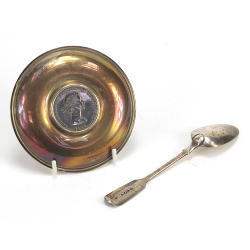 360 - Victorian silver teaspoon and a silver dish inset with a Churchill crown, the largest 14.5cm in leng... 