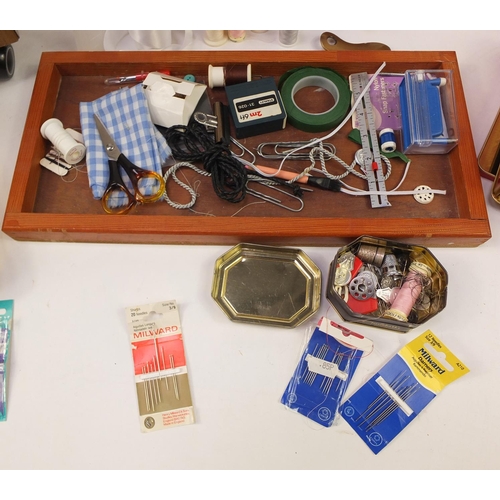 1411 - 1920's walnut sewing box with contents, 37.5cm H x 46cm W x 37cm D